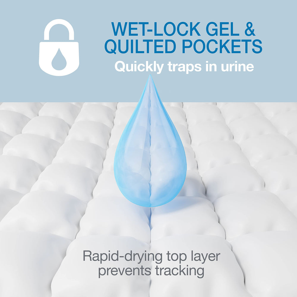 Four Paws Wee-Wee XL pad rapid-dry top layer reduces moisture transfer during use.