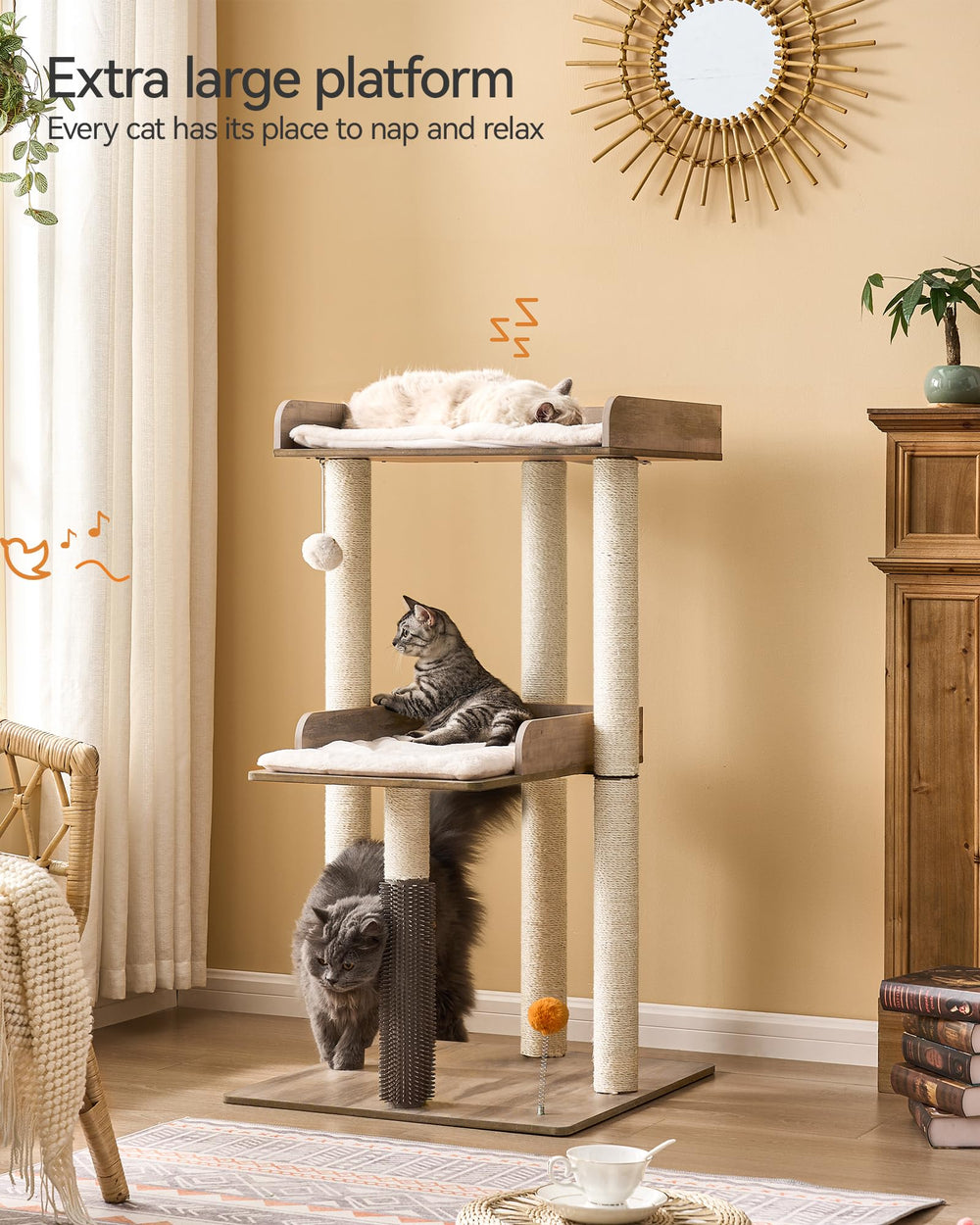 FourFurPets cat tree self-groomer delivers a gentle massage during play sessions.