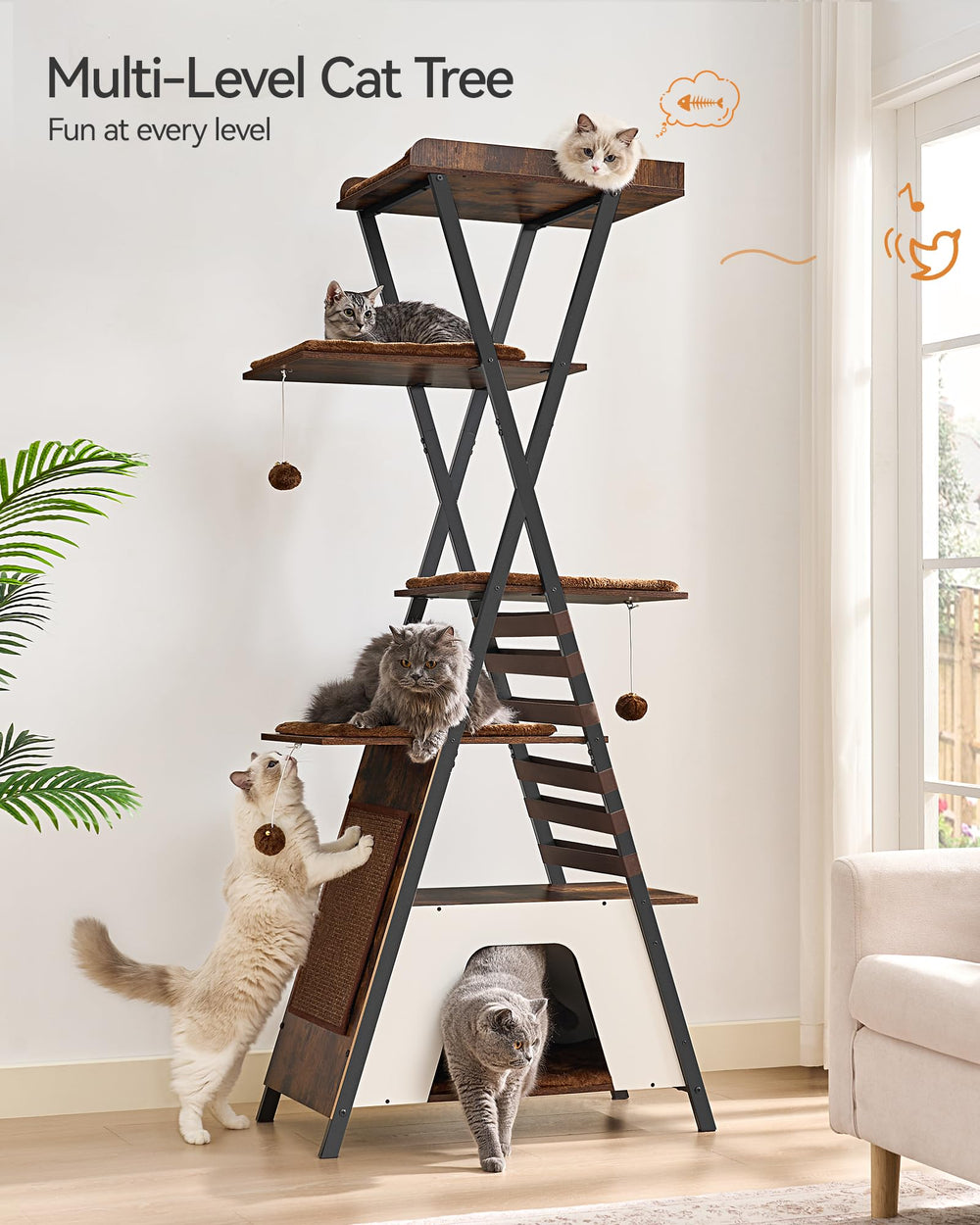 FourFurPets 72.4-inch cat tower private apartments provide quiet retreats for cats