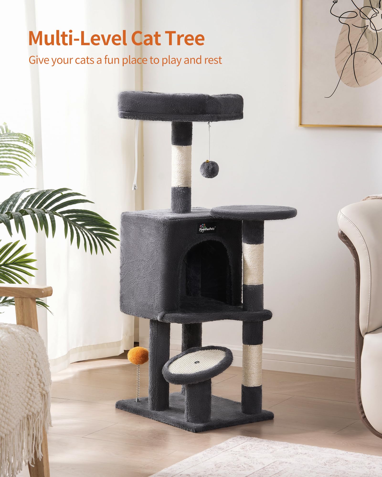 FourFurPets cat-tree-enclosed-hideout shows a cozy retreat for shy cats