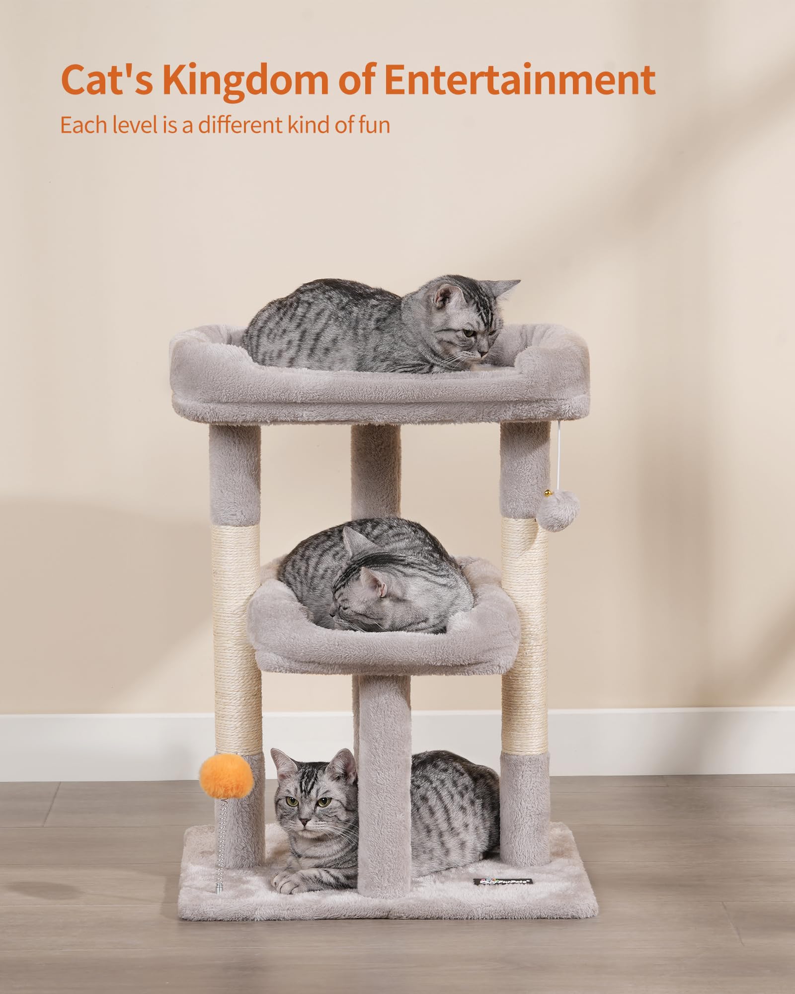 FourFurPets cat-tree-side-view highlights multi-level condo for kittens and indoor cats.