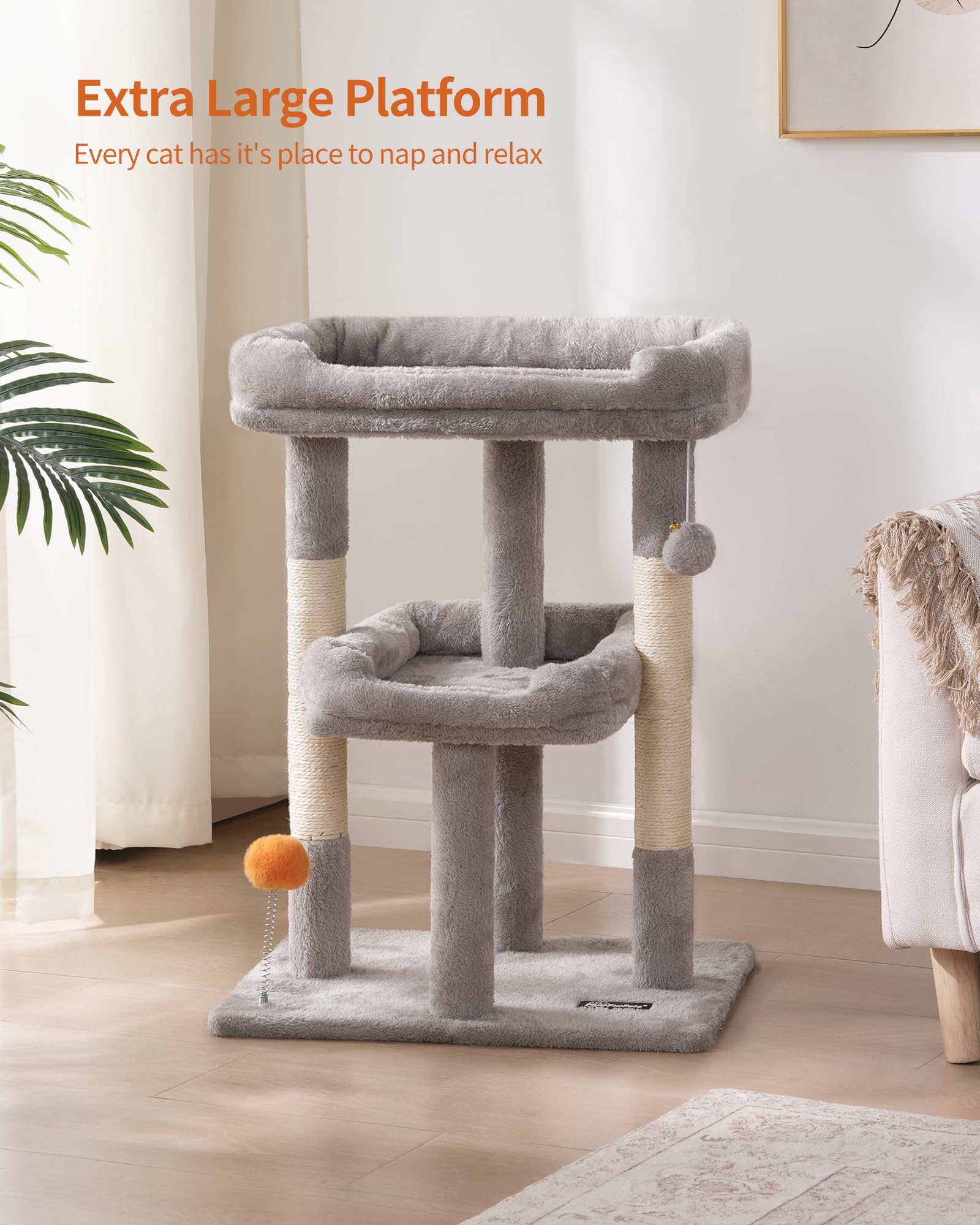 FourFurPets cat tree sisal post supports healthy claws during scratching sessions.