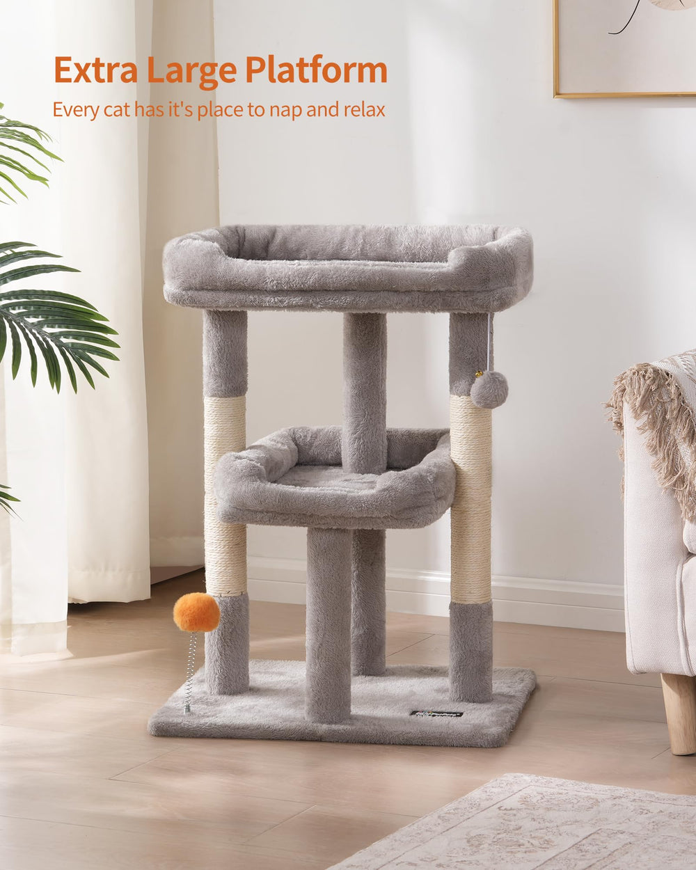 FourFurPets cat tree sisal post supports healthy claws during scratching sessions.