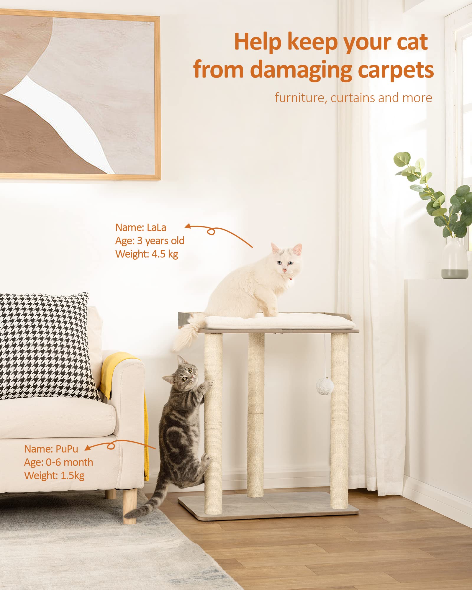 FourFurPets cat tree three-sisal-posts provides durable scratching to protect furniture.