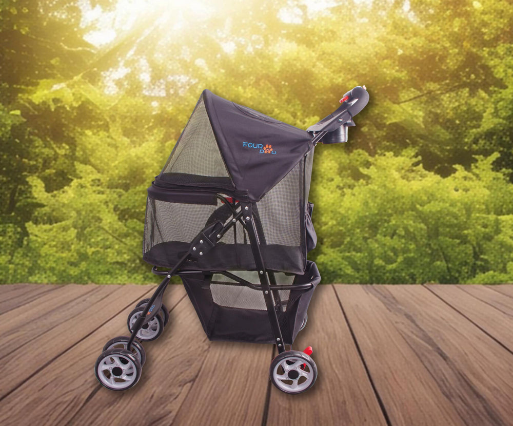 FOURPAW full-window stroller folded state demonstrates compact portability for travel
