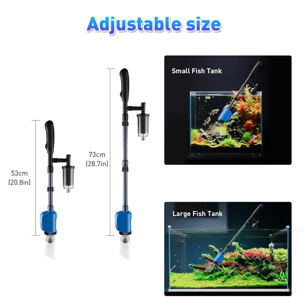 FOUSIUTIM 6-in-1 blue gravel cleaner shown in use emphasizes quiet operation for peaceful tanks.