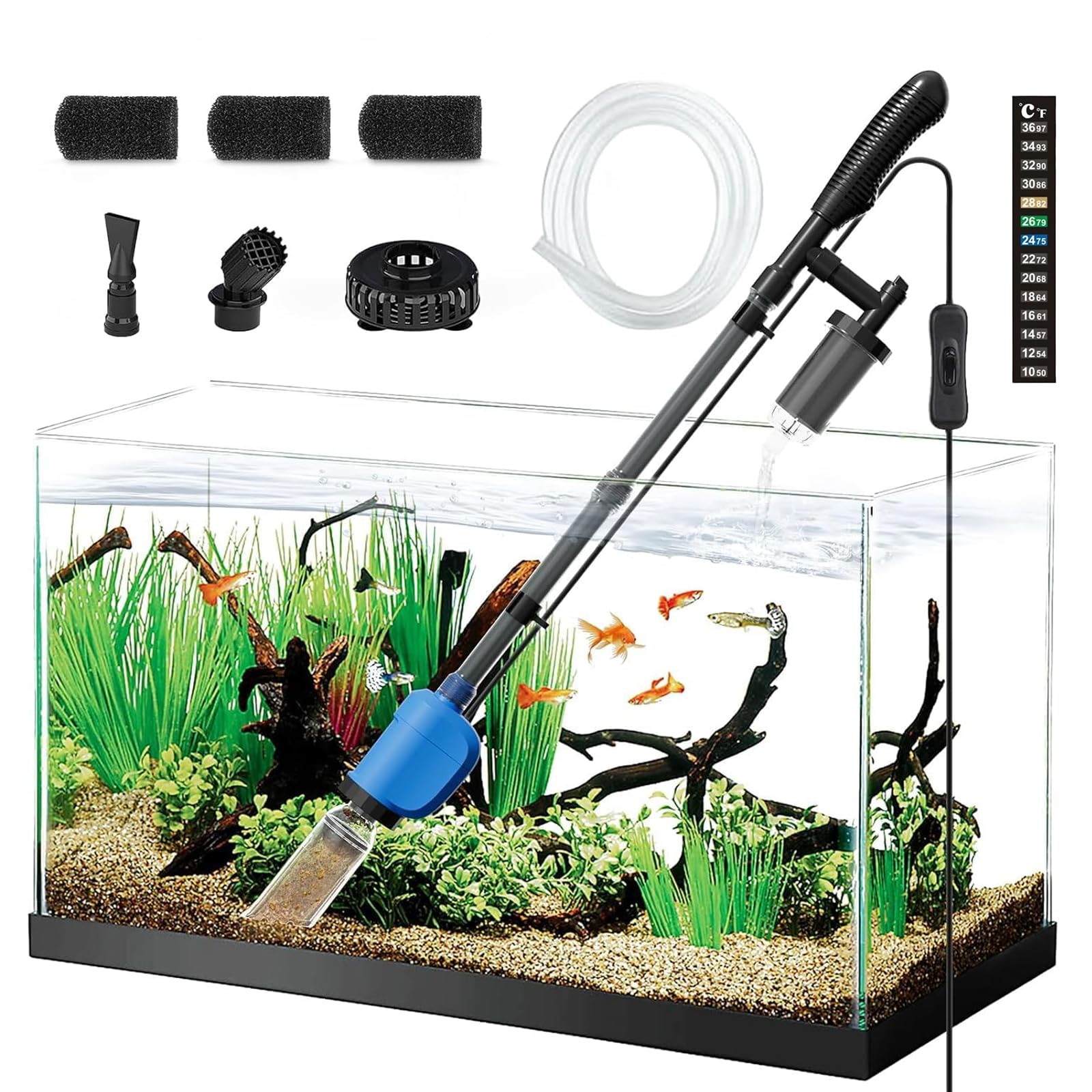 FOUSIUTIM 6-in-1 cleaner front view shows compact blue housing for simple tank maintenance.