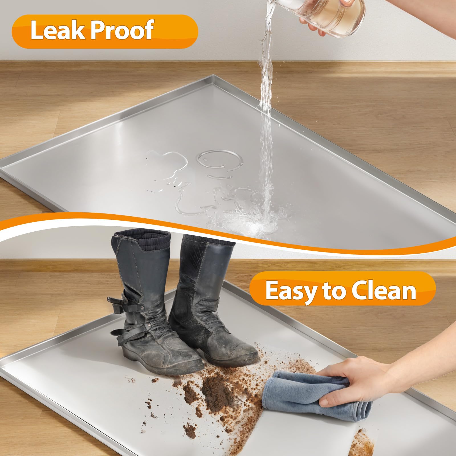 Fovima crate pan leak-protection image emphasizes leak-resistant design and easy cleaning.