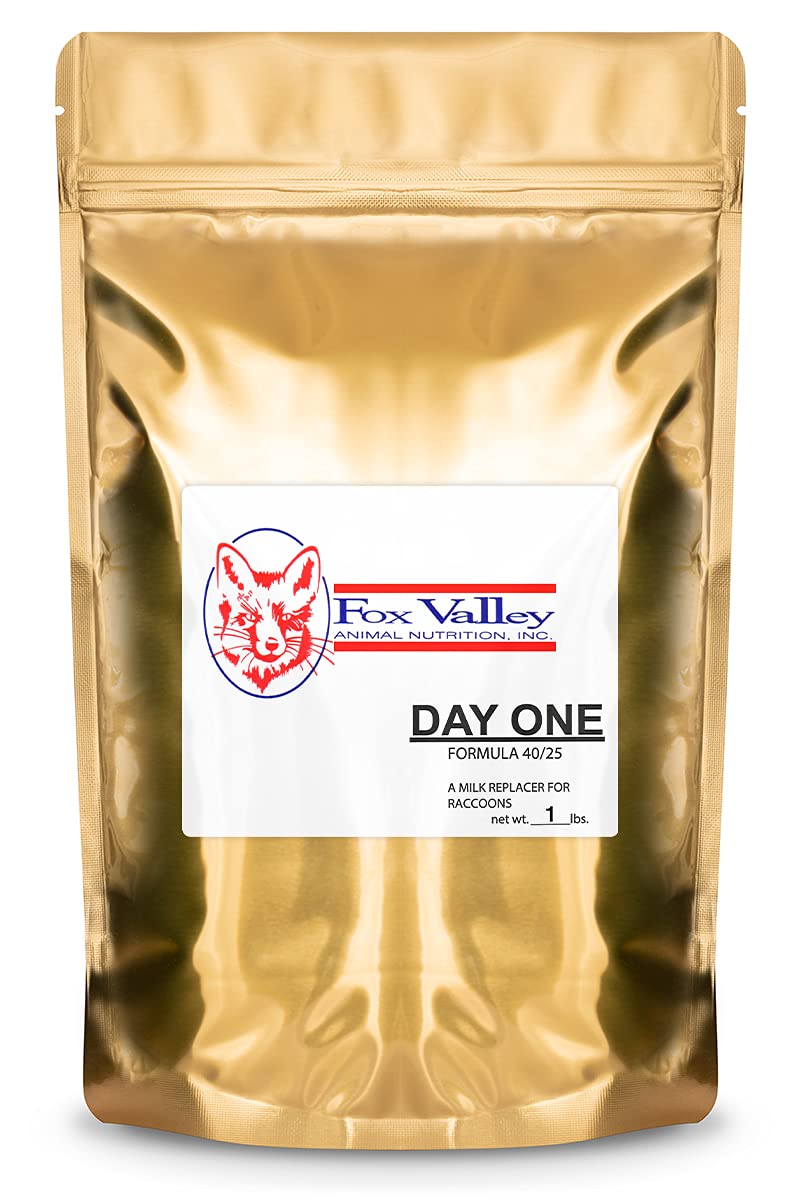 Fox Valley Day-One Formula packaging image highlighting easy-mix milk replacer for raccoons.