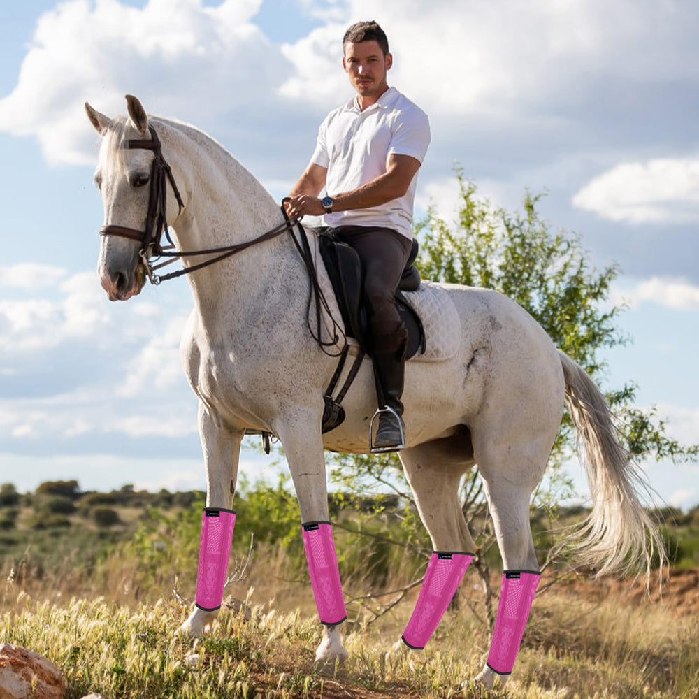 FOXLVDA horse fly boots pink large on-horse image demonstrates comfort and mobility.