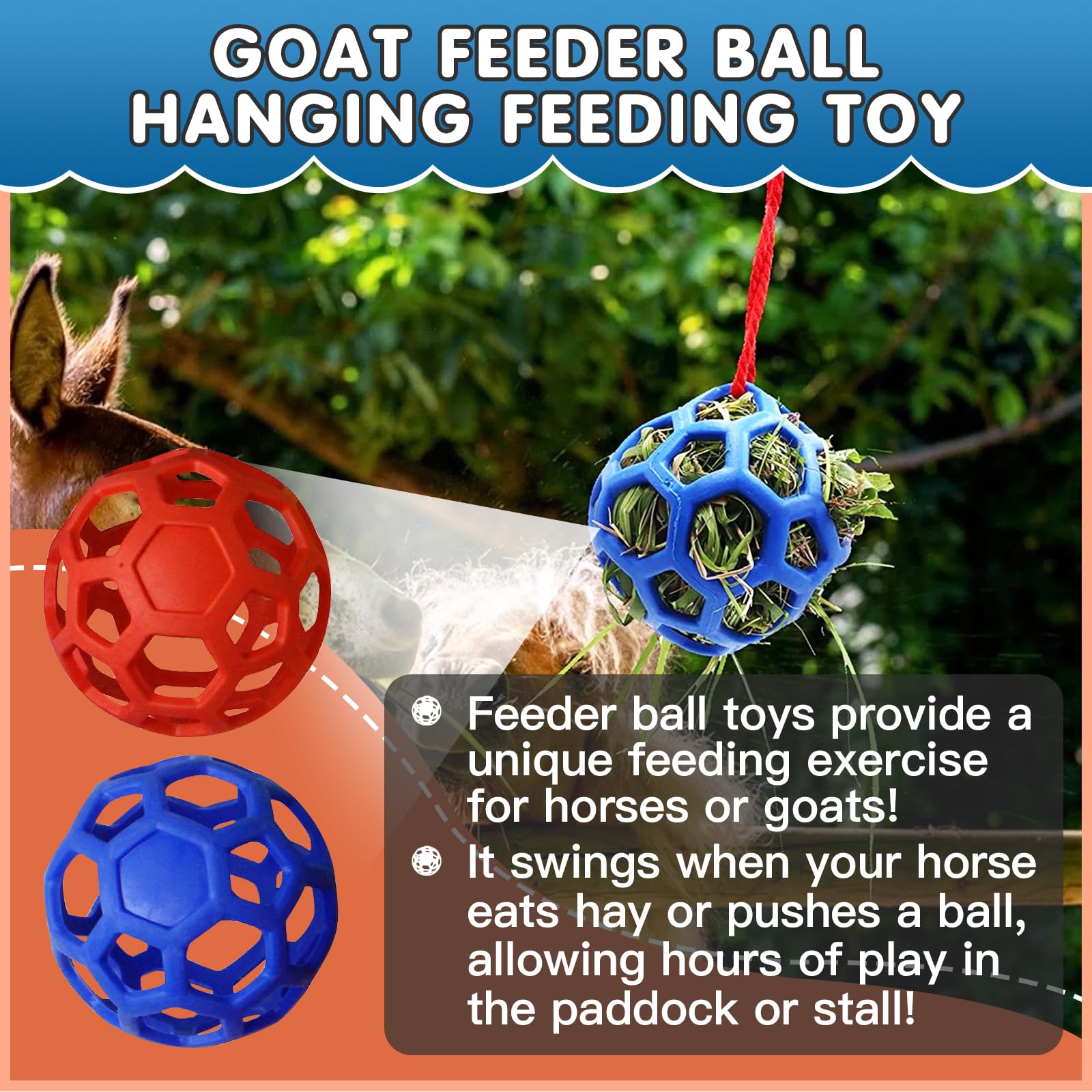 Foycow hay ball in bright color attracts horses and eases boredom.