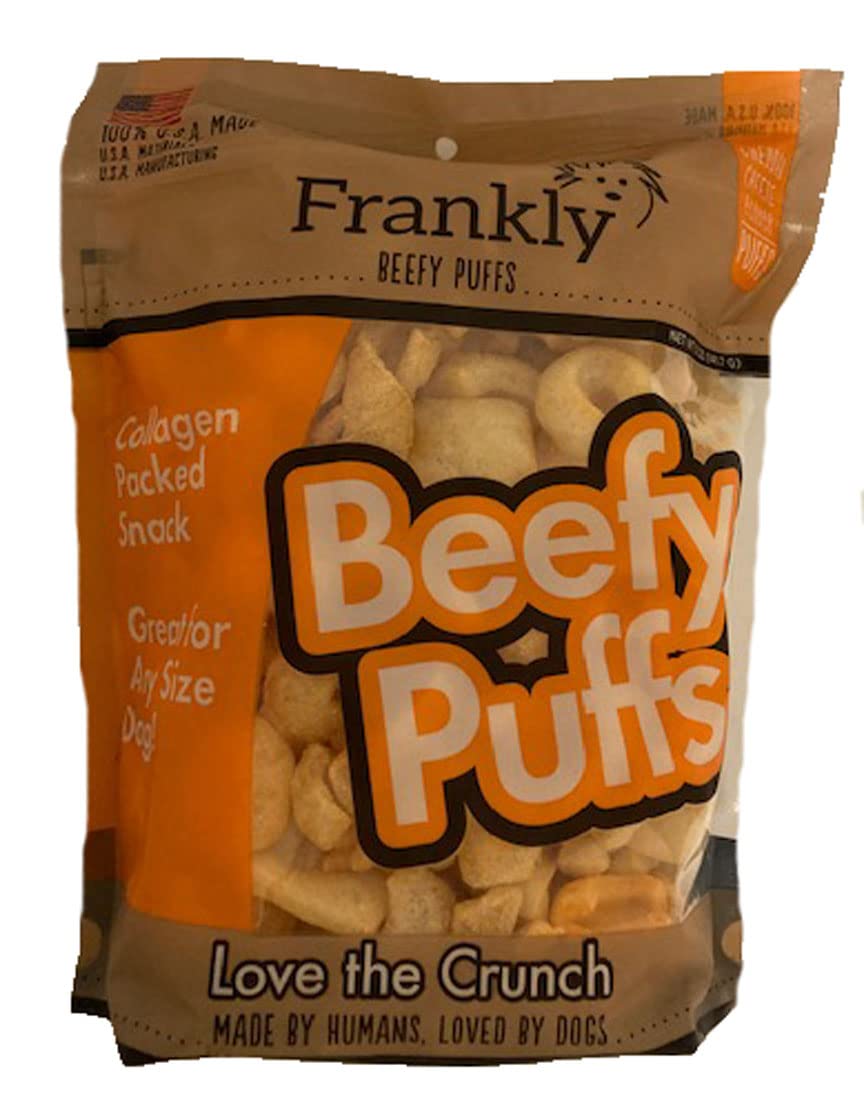 Frankly Cheddar Cheese Beefy Puffs 5oz pack shot, USA-made collagen-packed dog snack.