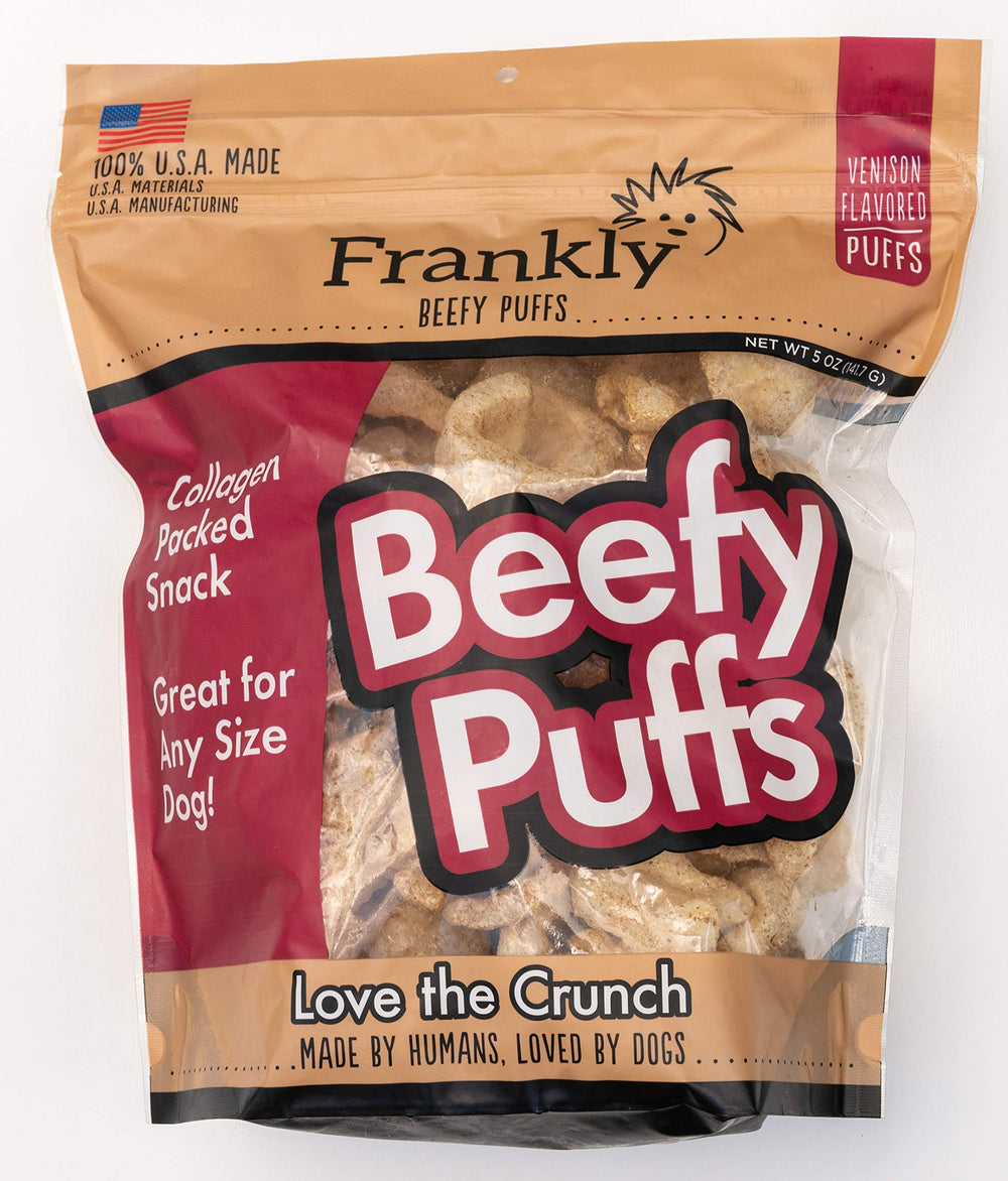 Frankly Venison Beefy Puffs bag front shows collagen-packed dog snack
