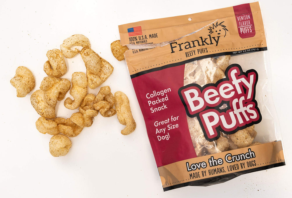 Frankly Venison Beefy Puffs package side highlights USA-made quality
