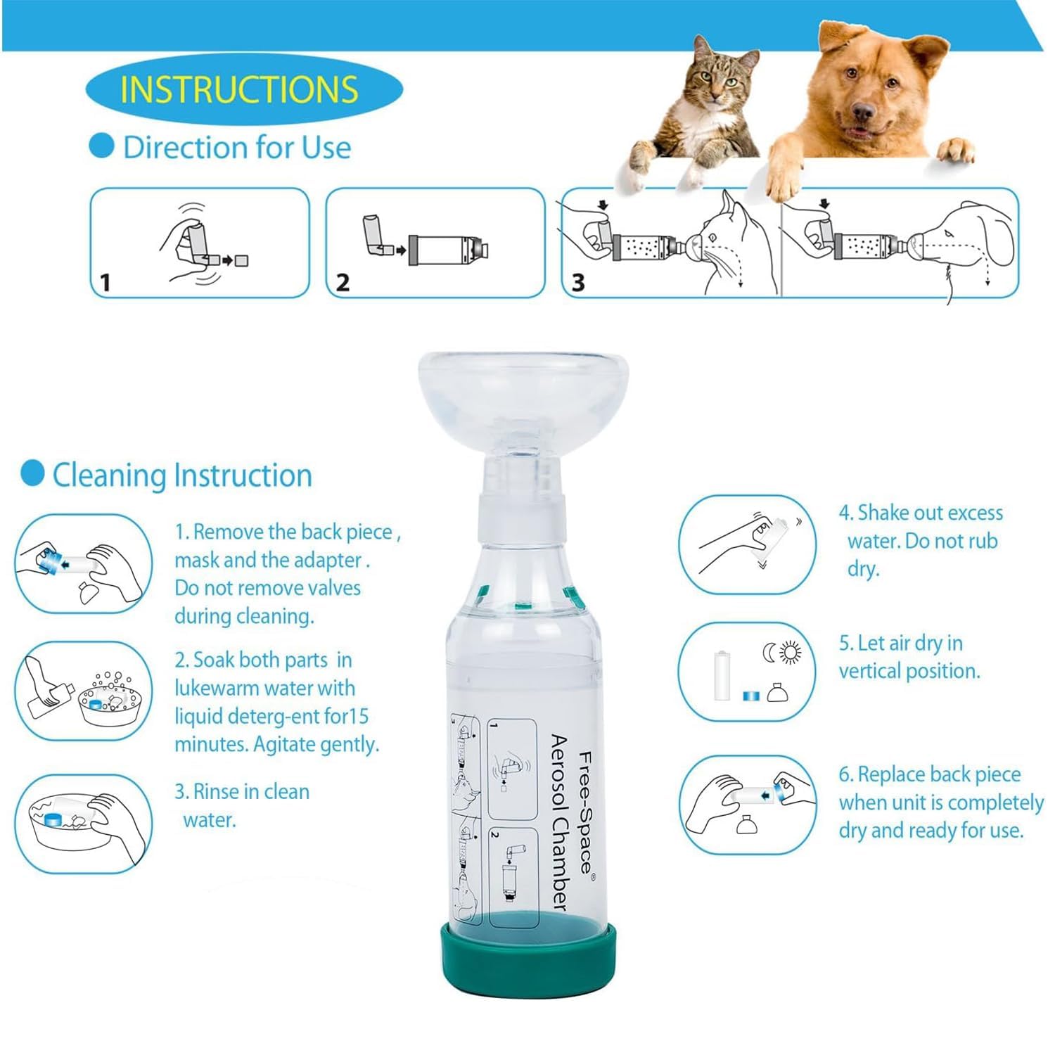 Free-space inhaler spacer includes two masks for a precise fit on different cats.