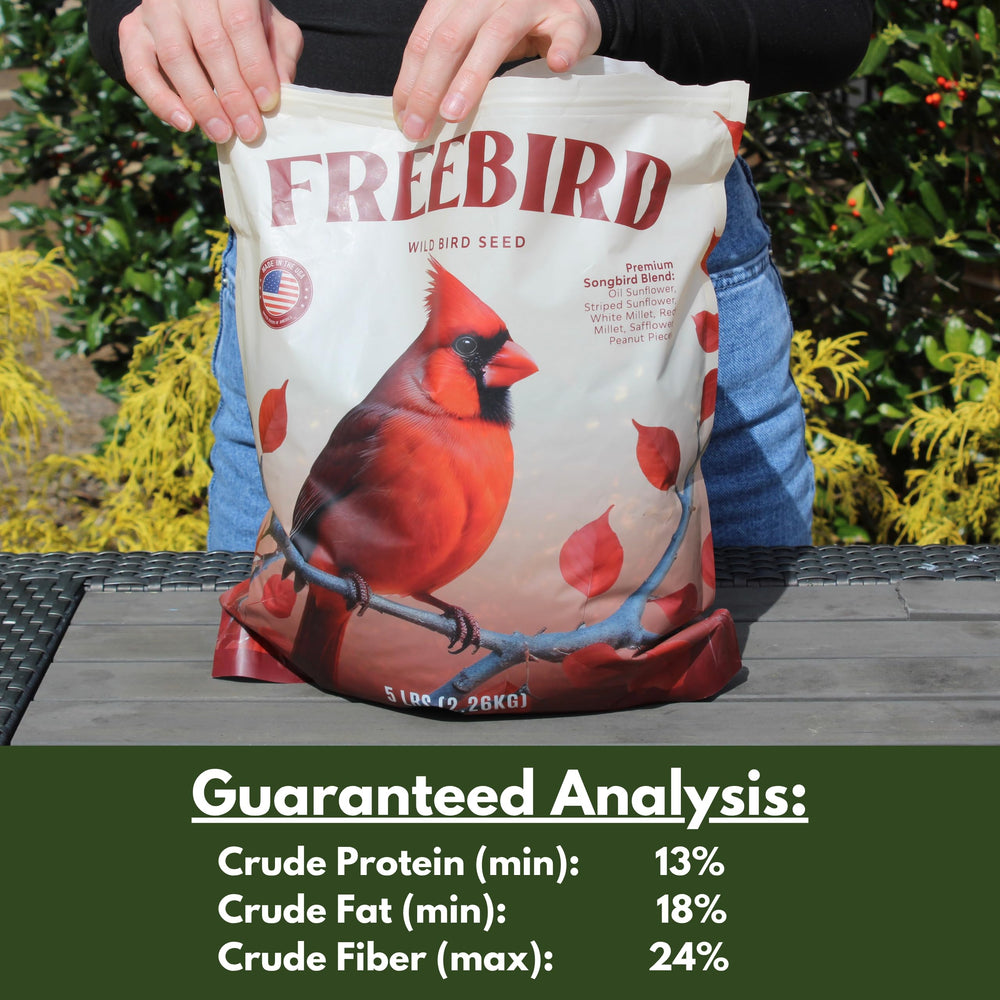 FREEBIRD Wild Bird Seed farm-sourced label — highlights local US farms and fresh ingredients.