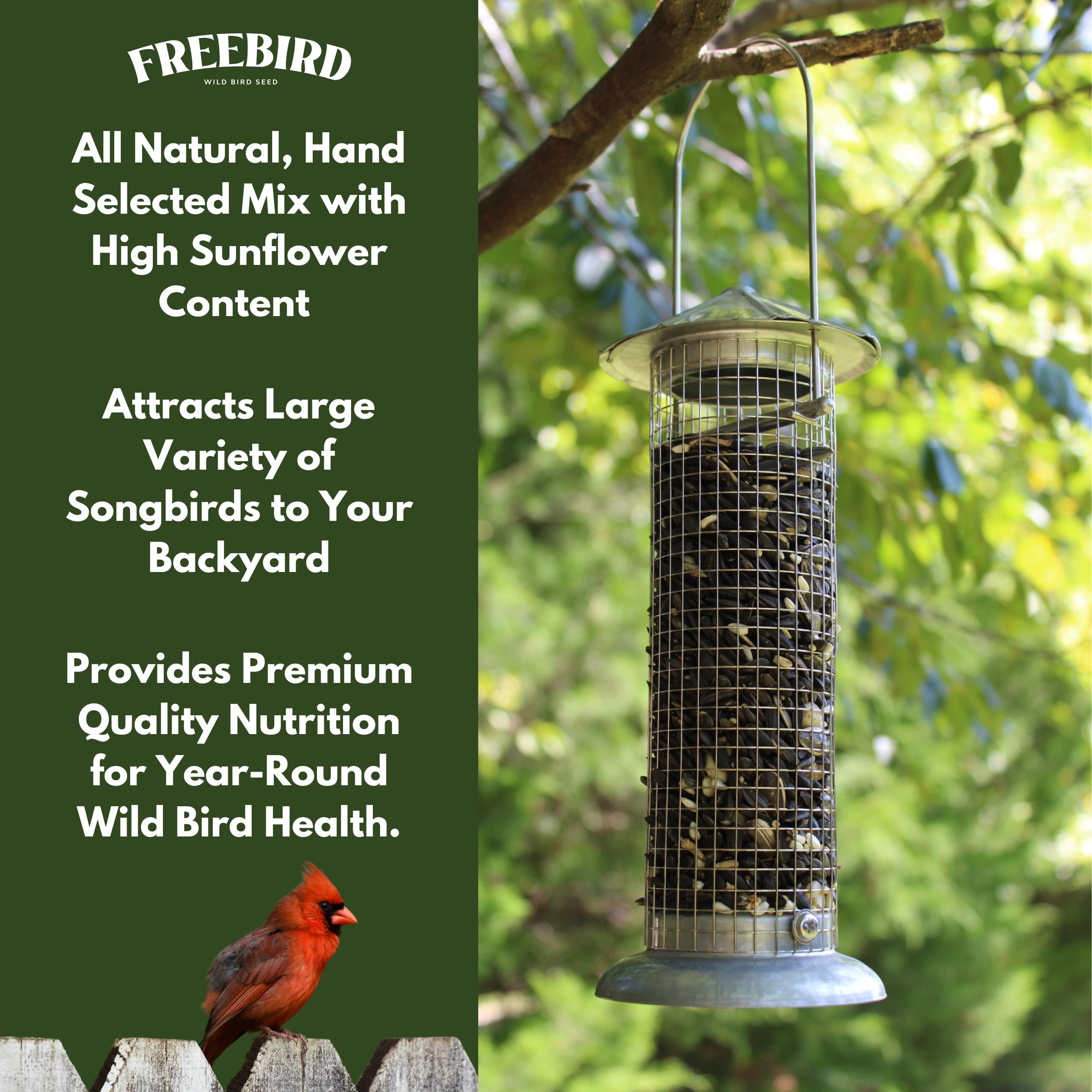 FREEBIRD Wild Bird Seed on feeder — demonstrates versatile compatibility with multiple feeder types.