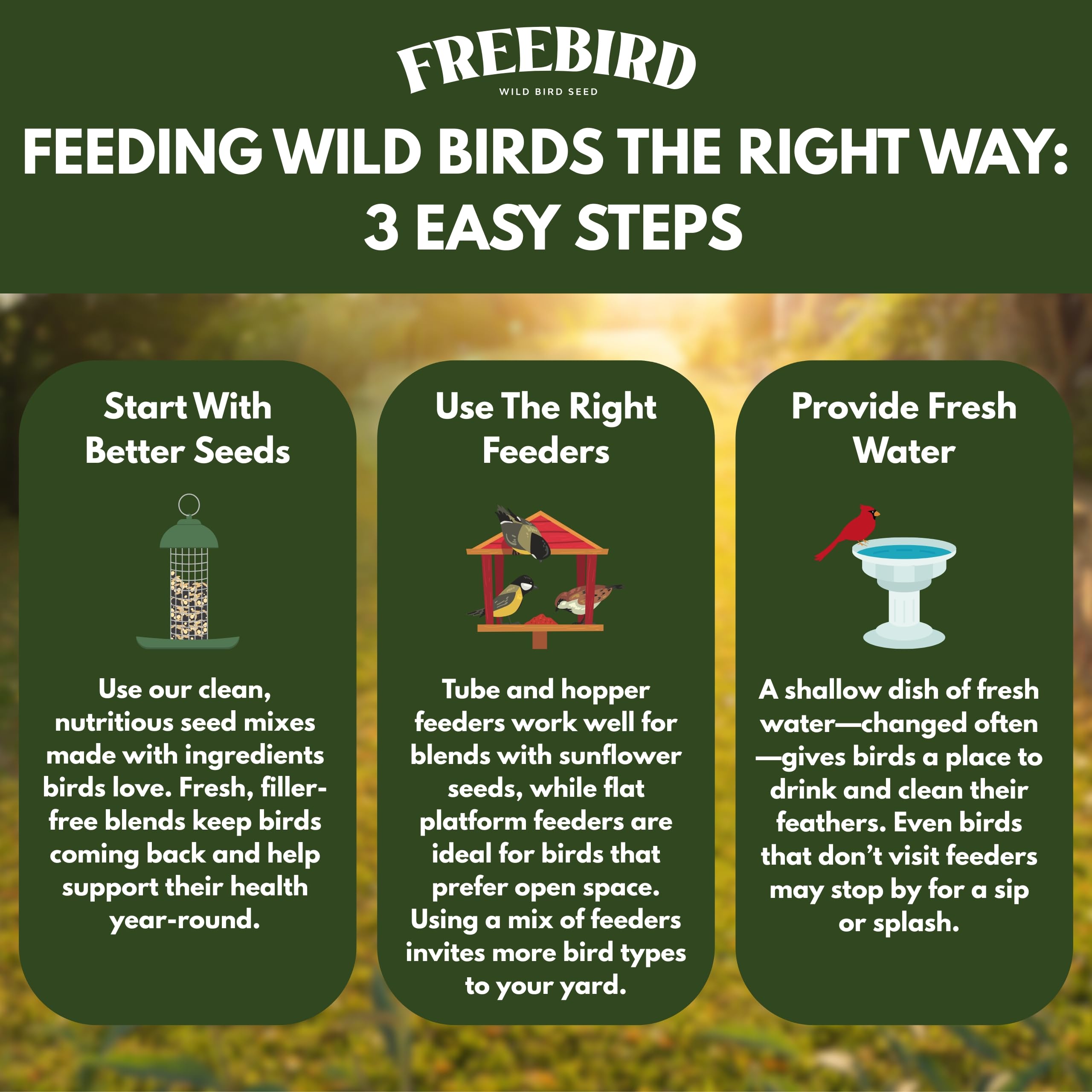 FREEBIRD Wild Bird Seed reseal packaging — heavy-duty design for mess-free storage.
