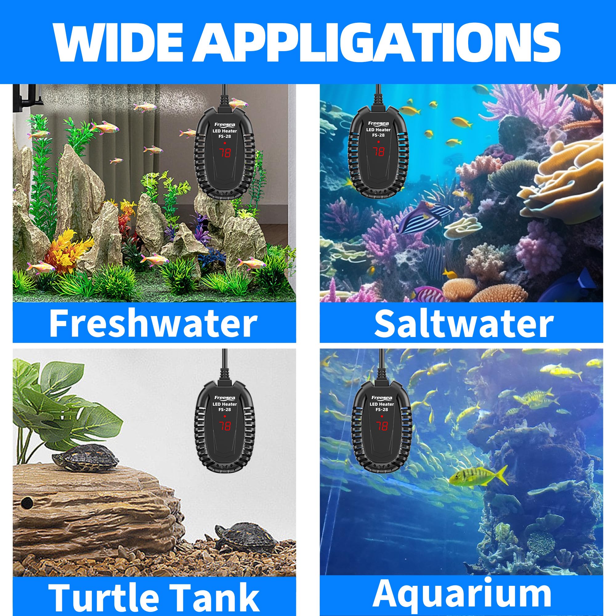 FREESEA 1–10 gallon tank setup demonstrates compact heater in small aquarium