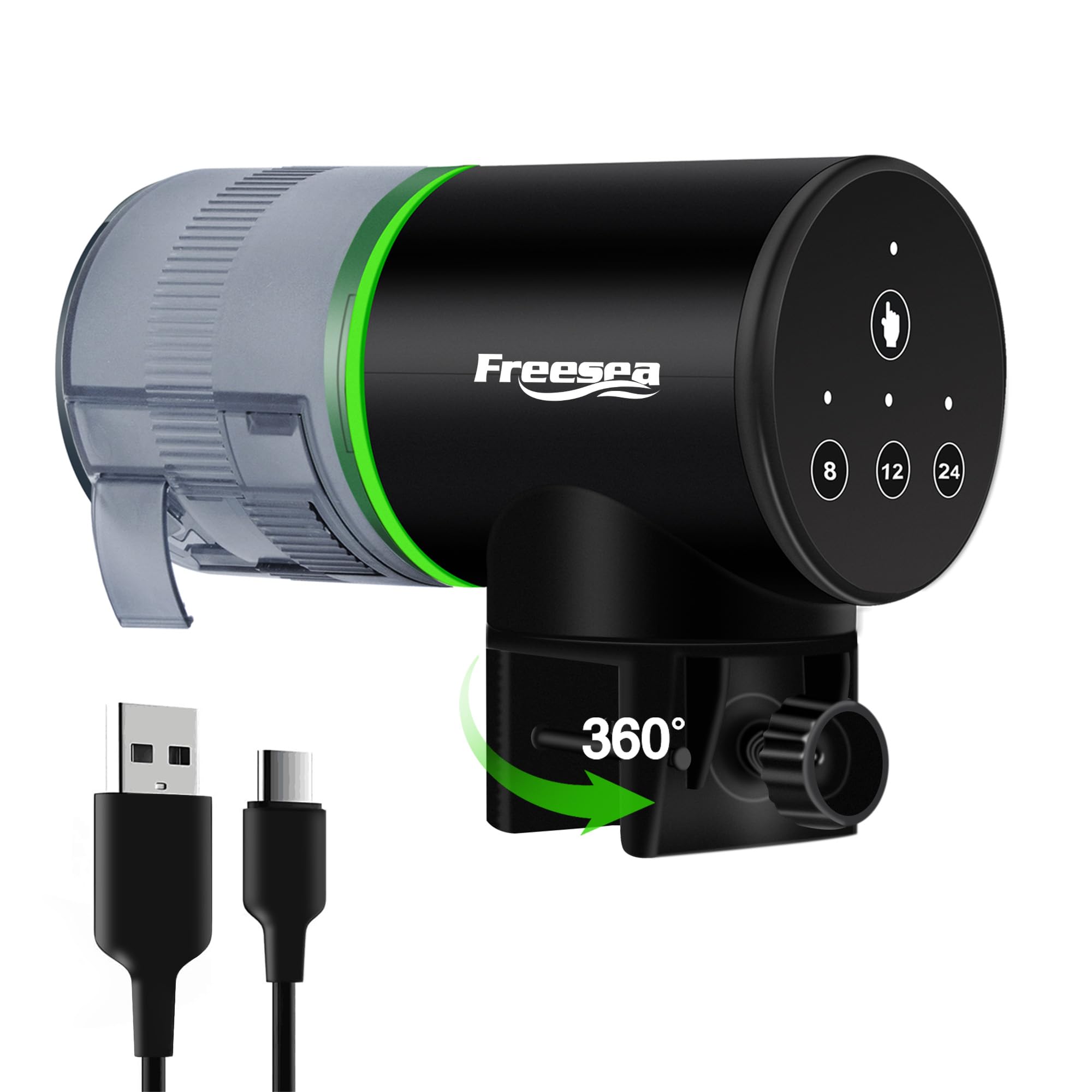 FREESEA aquarium automatic fish feeder setup page demonstrates easy programming for reliable feedings
