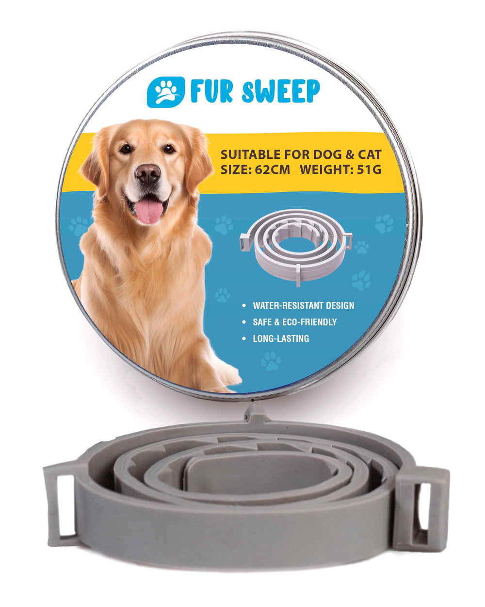 FREEZE2TRIM Fur Sweep collar fit guide shows adjustable sizing for growing pets.