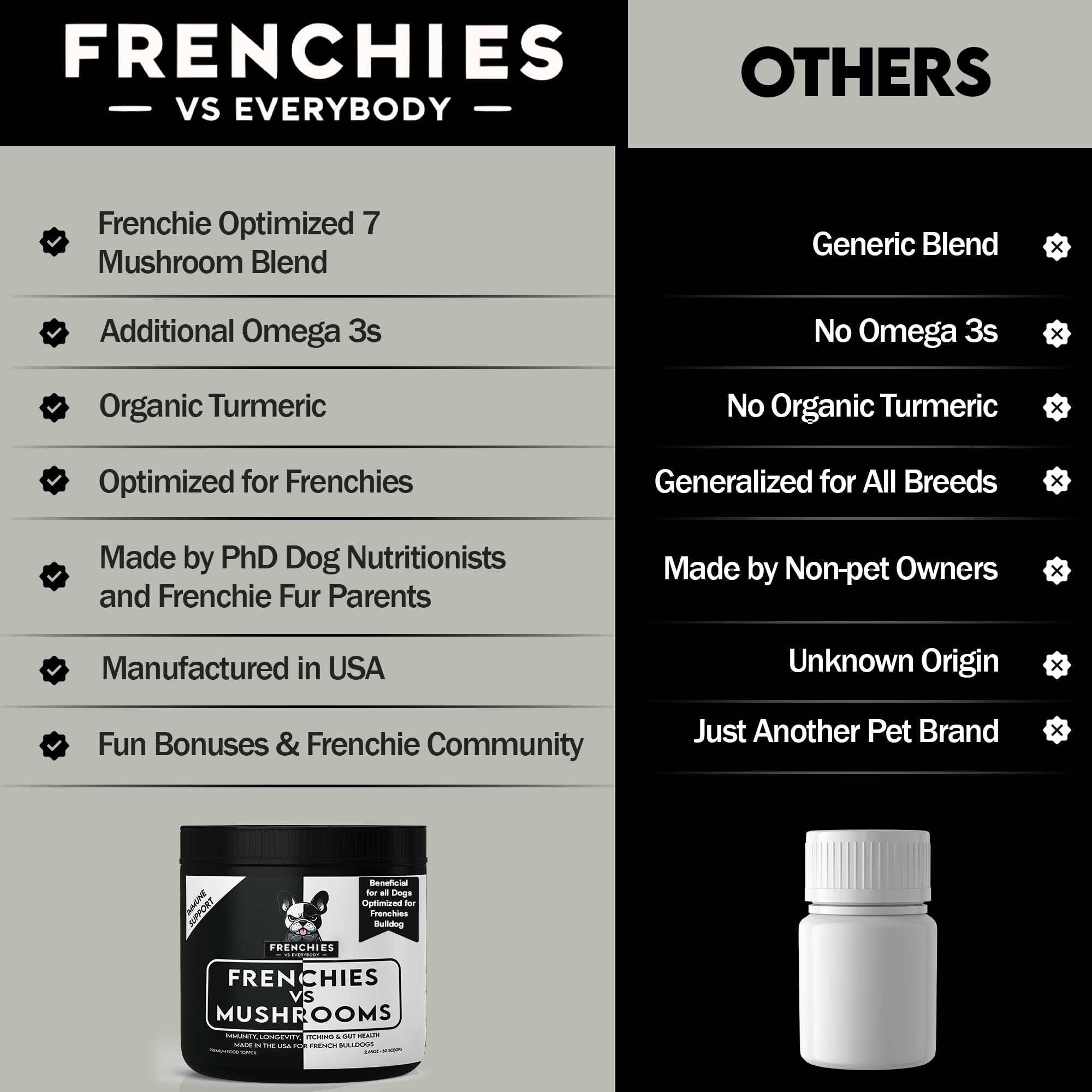Frenchies vs Everybody immune-defense bottle highlights vet-inspired immune support
