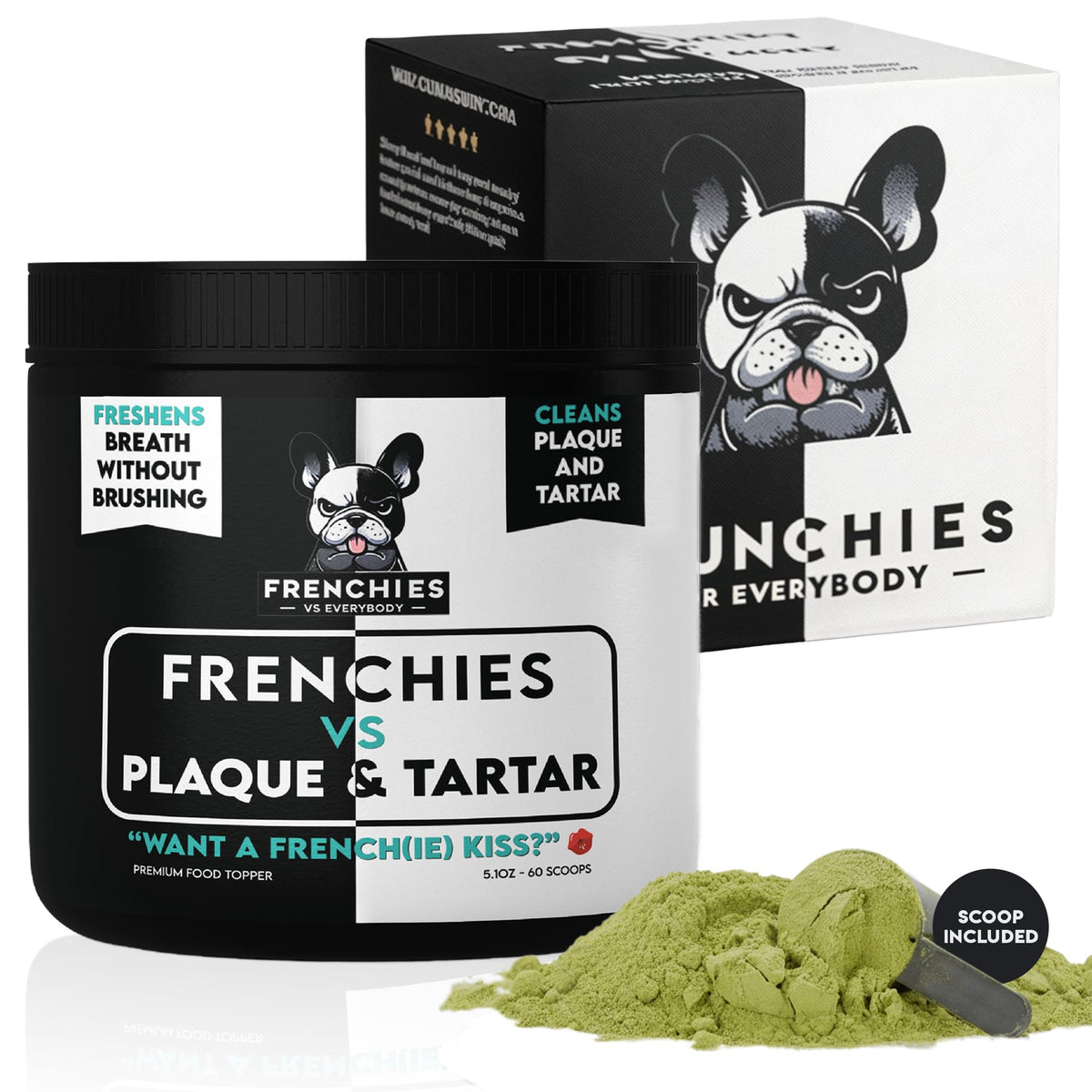Frenchies vs Everybody teeth-powder-tub shows easy daily dental care for dogs.