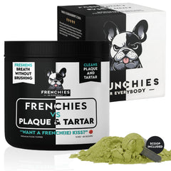 Frenchies vs Everybody teeth-powder-tub shows easy daily dental care for dogs.