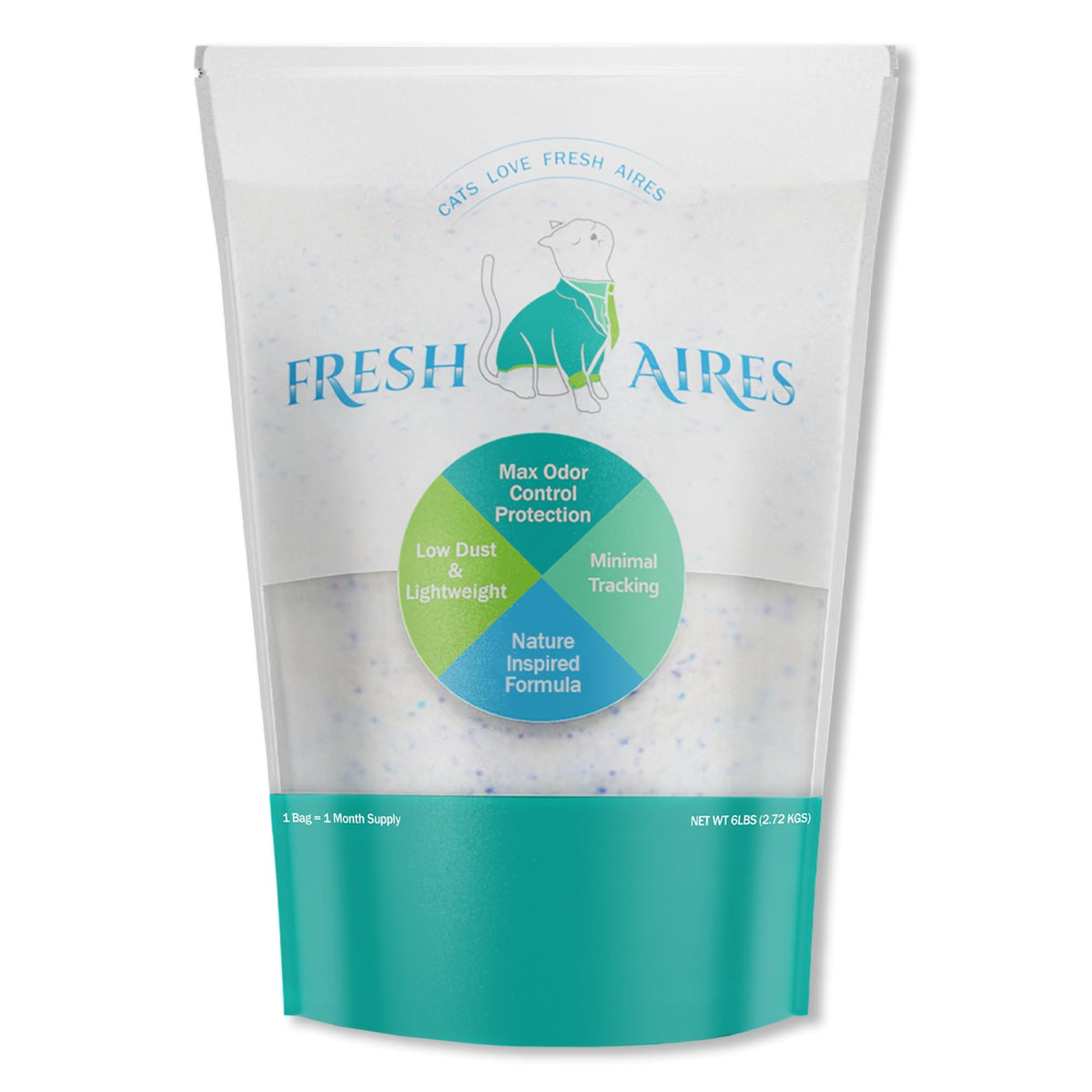 Fresh Aires silica crystal litter absorbs moisture for up to 30 days and controls odors