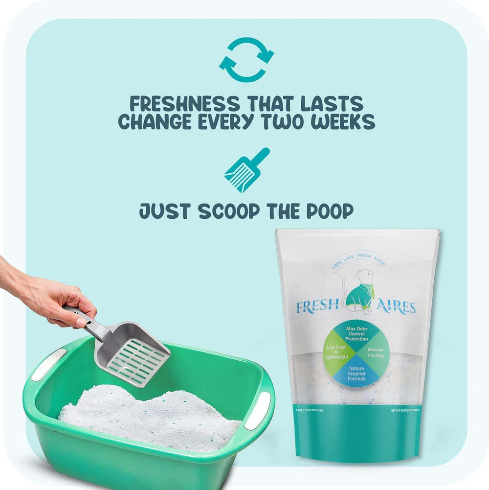 Fresh Aires crystal litter pours smoothly for quick daily refreshes