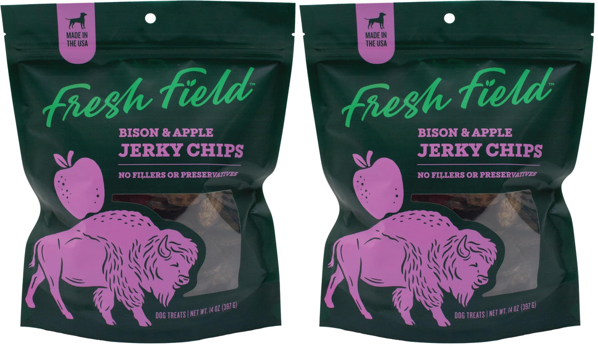 Fresh Field Bison & Apple Jerky Chips pack shows USA-made dog treats ideal for training rewards.