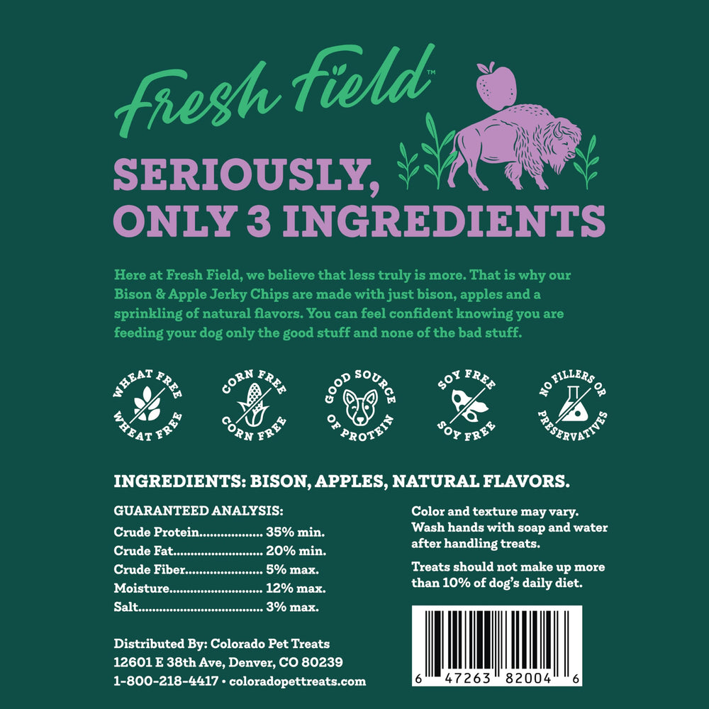 Fresh Field Bison & Apple Jerky Chips serving suggestion, portioned snack for all dog sizes.