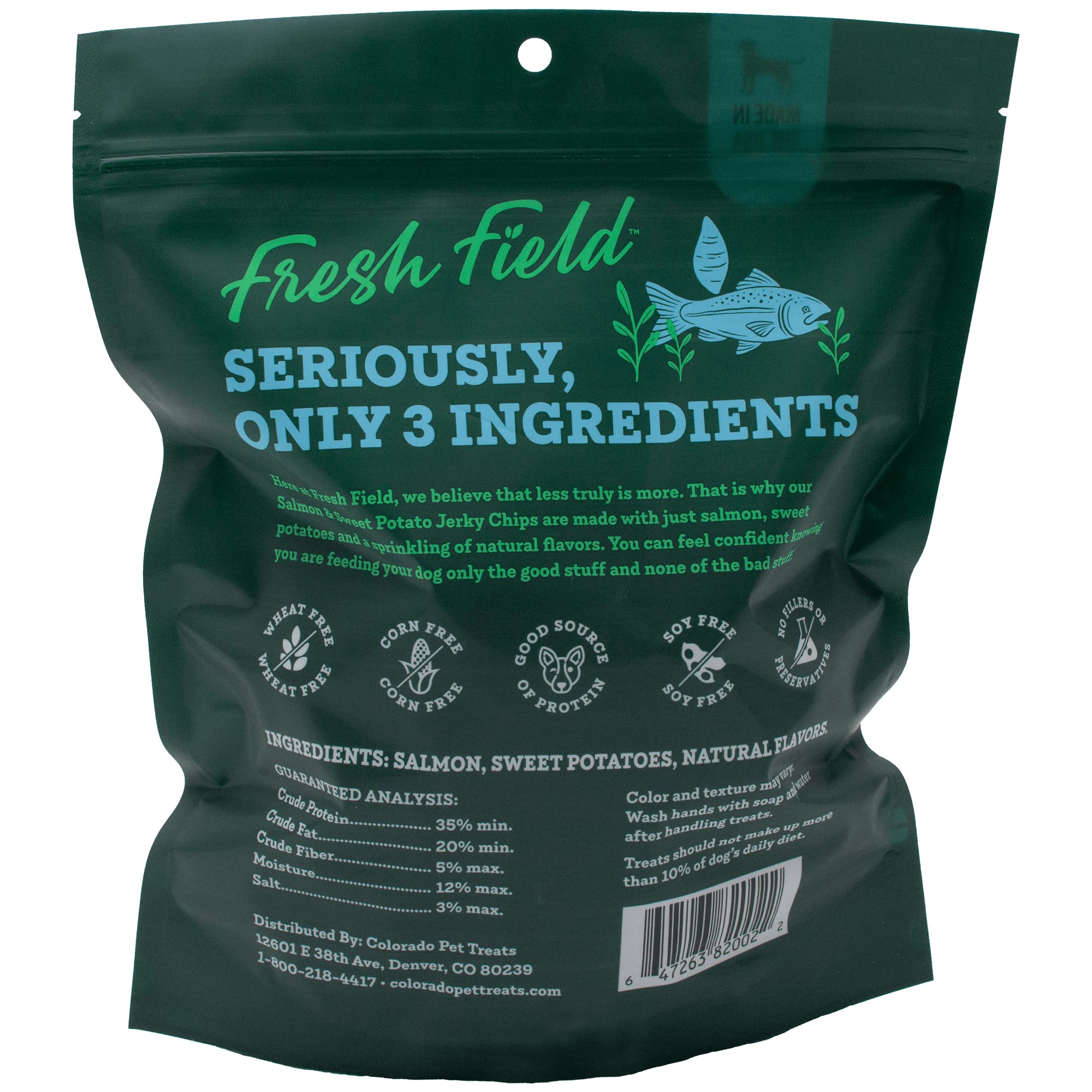 Fresh Field Salmon and Sweet Potato Jerky Chips closeup texture highlighting natural ingredients.