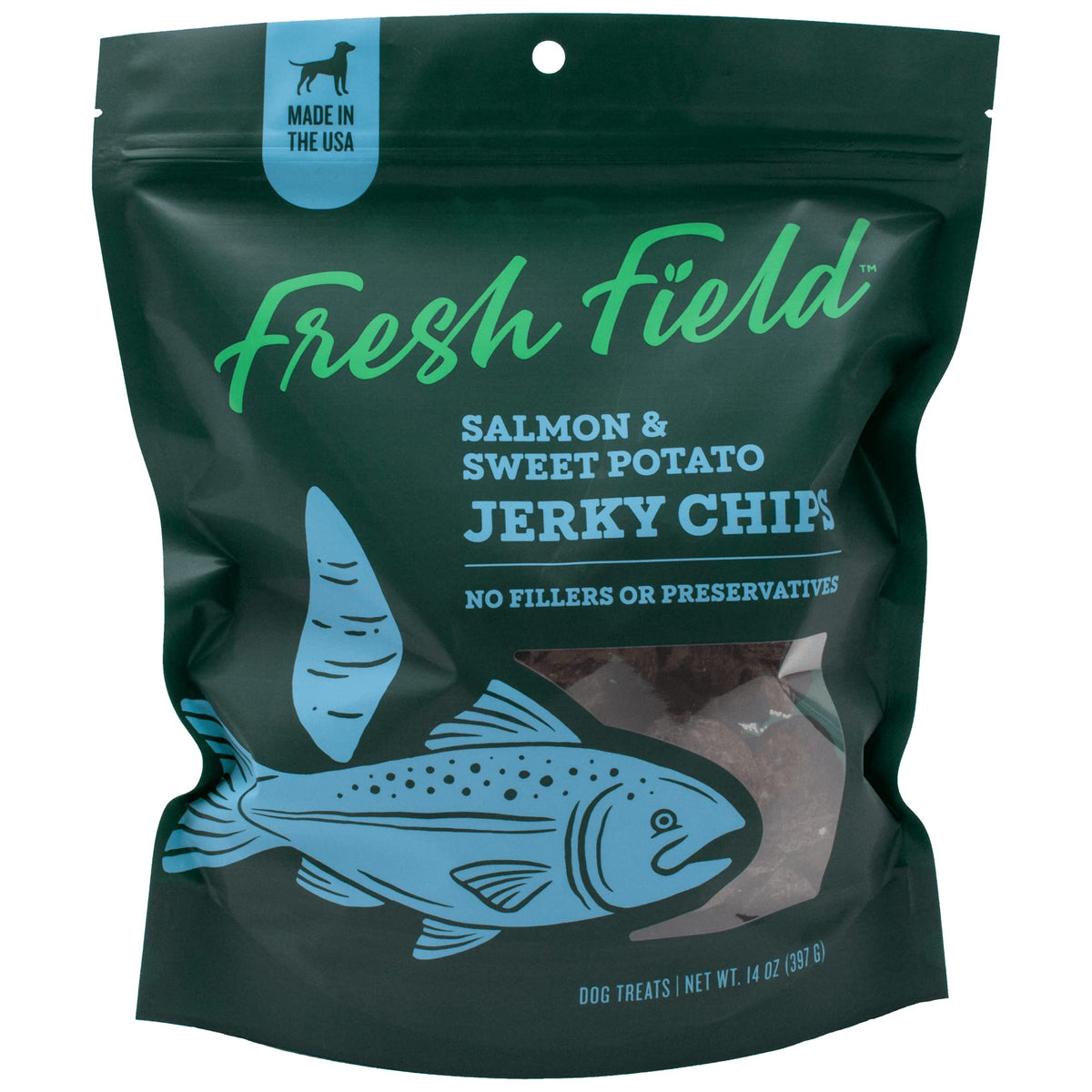 Fresh Field Salmon and Sweet Potato Jerky Chips pack for rewarding training.