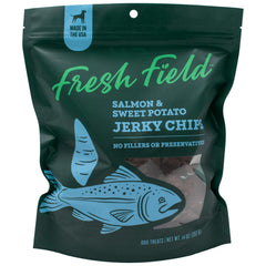 Fresh Field Salmon and Sweet Potato Jerky Chips pack for rewarding training.