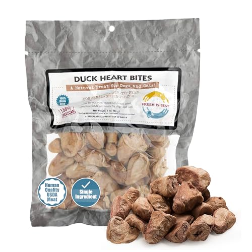 Fresh Is Best duck hearts bag closeup, premium grain-free protein snack for dogs and cats.
