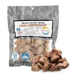 Fresh Is Best duck hearts bag closeup, premium grain-free protein snack for dogs and cats.
