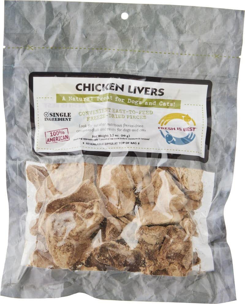 Fresh Is Best freeze-dried chicken liver treats in resealable bag for convenient snacking