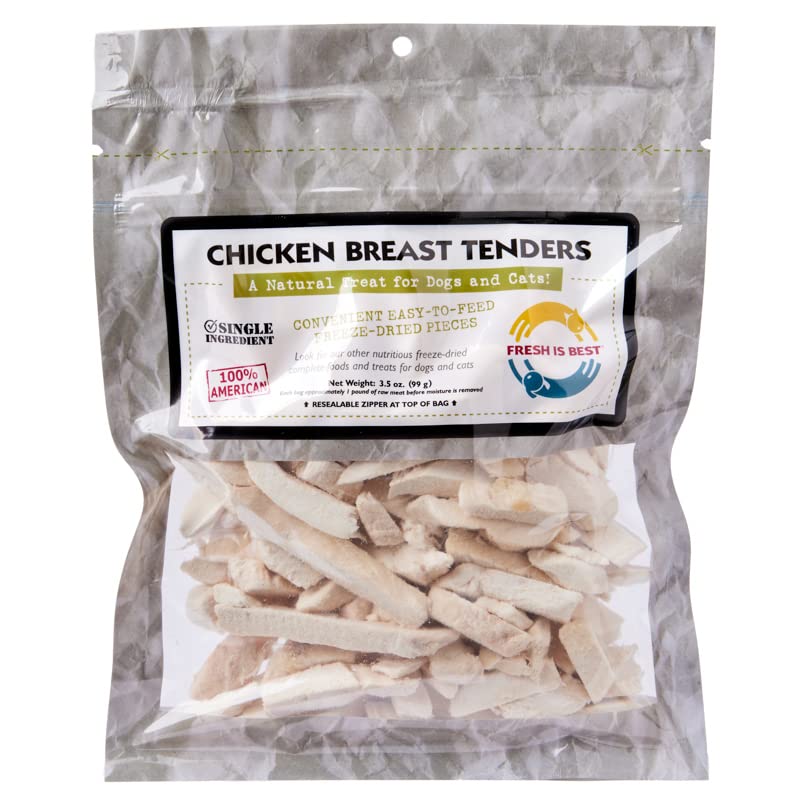 Fresh Is Best freeze-dried chicken breast dog treats in resealable bag for freshness