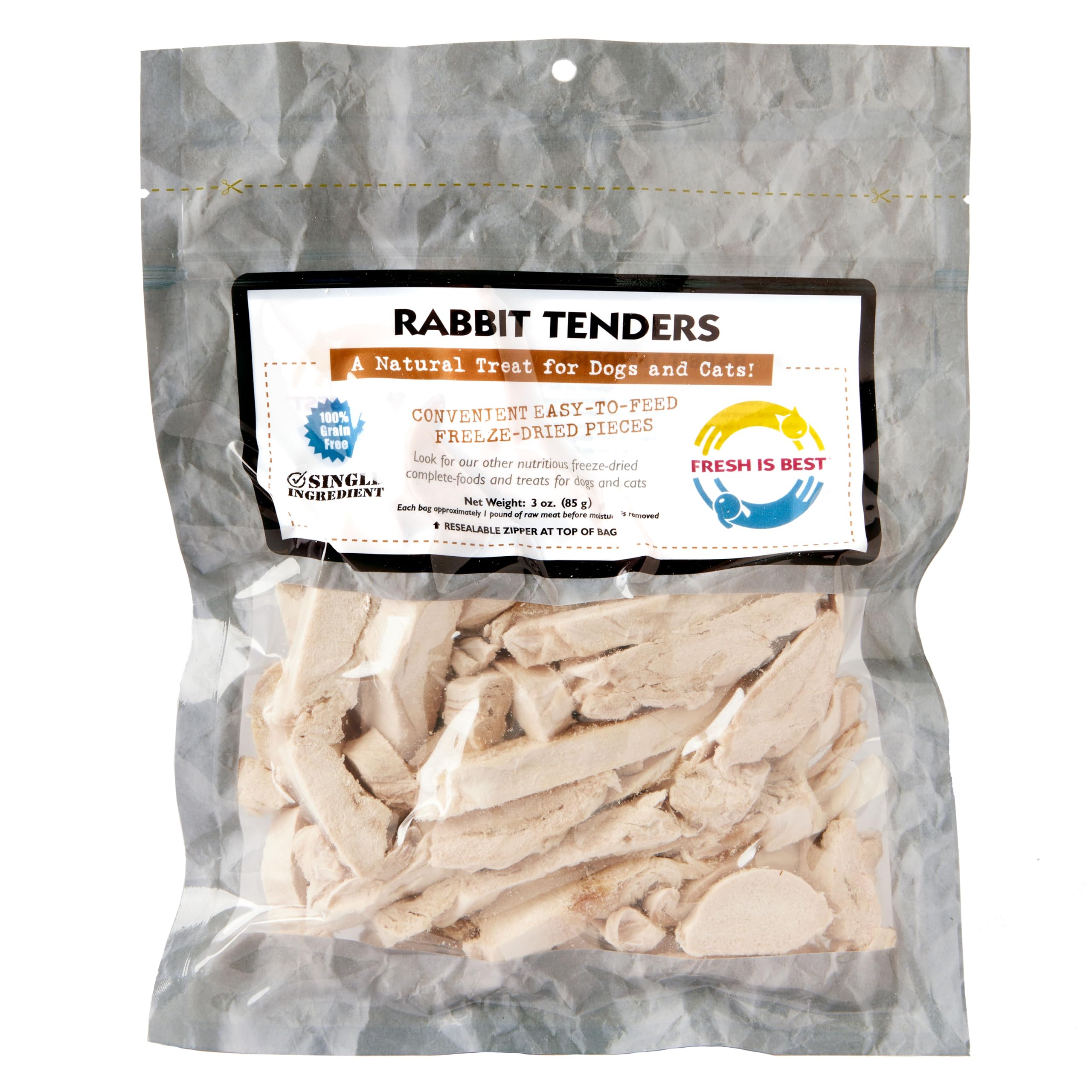 Fresh Is Best rabbit tenders packaging with resealable bag for fresh daily rewards.