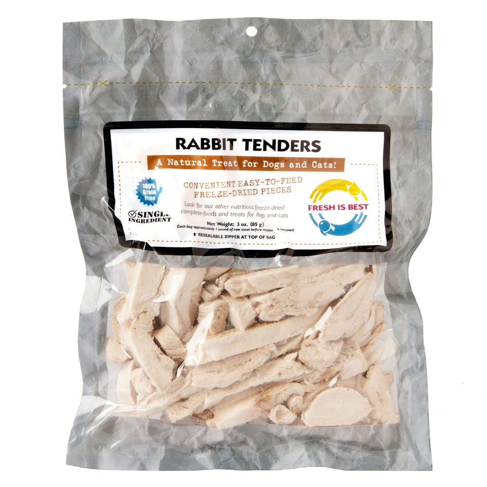 Fresh Is Best rabbit tenders packaging with resealable bag for fresh daily rewards.