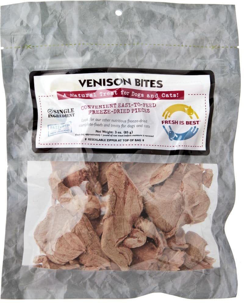 Fresh Is Best Venison Bites pack shot highlights premium protein for dogs and cats.