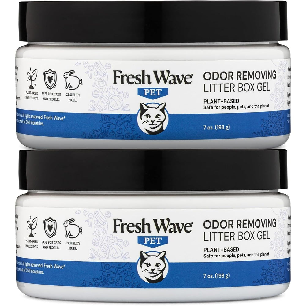 Fresh Wave litter box gel two 7oz bottles ready for odor control, safely reducing pet smells.