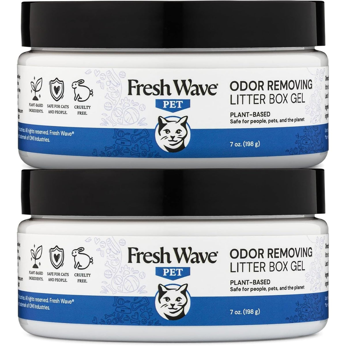 Fresh Wave litter box gel two 7oz bottles ready for odor control, safely reducing pet smells.
