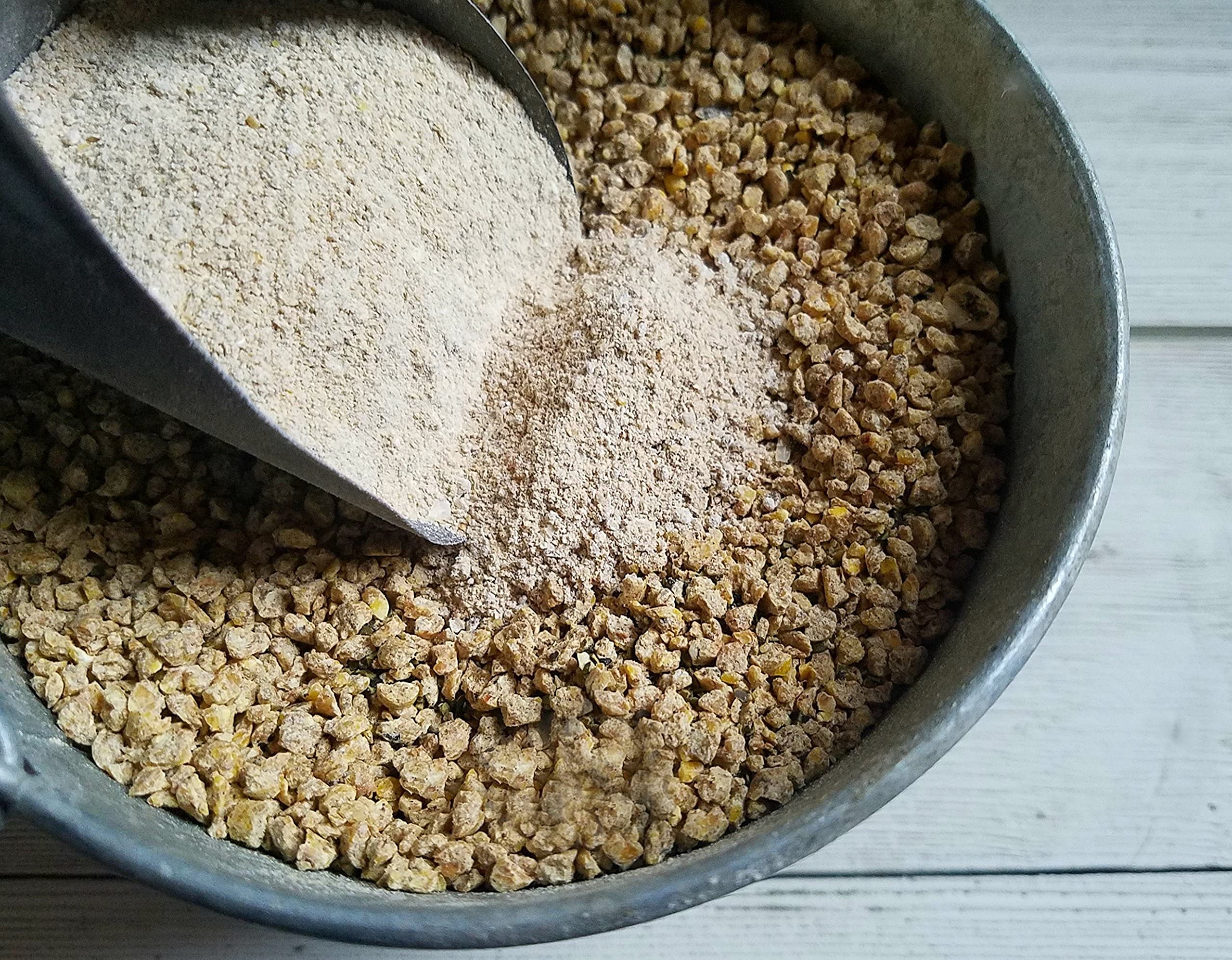 Fresh Eggs Daily Brewers Yeast backyard chickens feed bowl indicates bone development support.