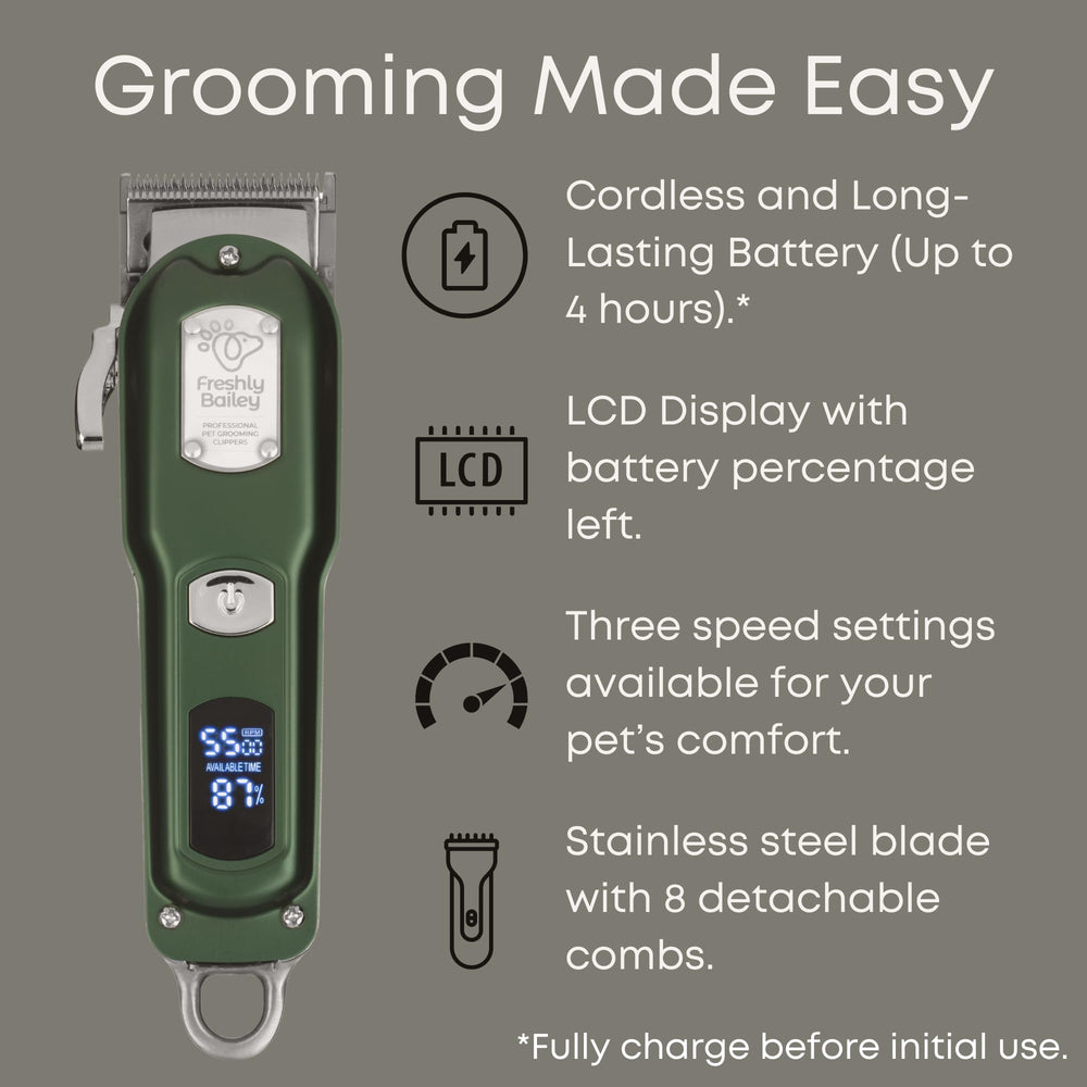 Freshly Bailey cat clippers cordless operation enabling flexible grooming away from outlets.