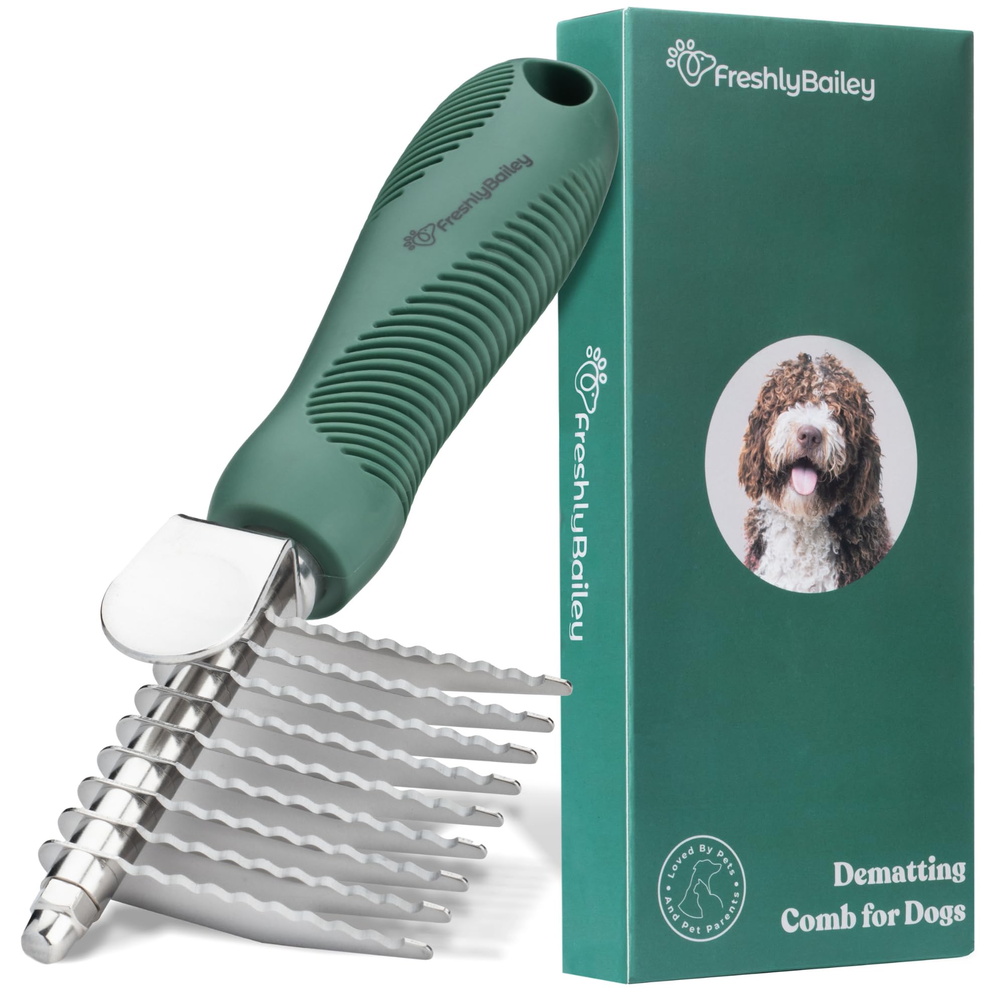 Freshly Bailey dematting comb handle with ergonomic grip eases at-home grooming.