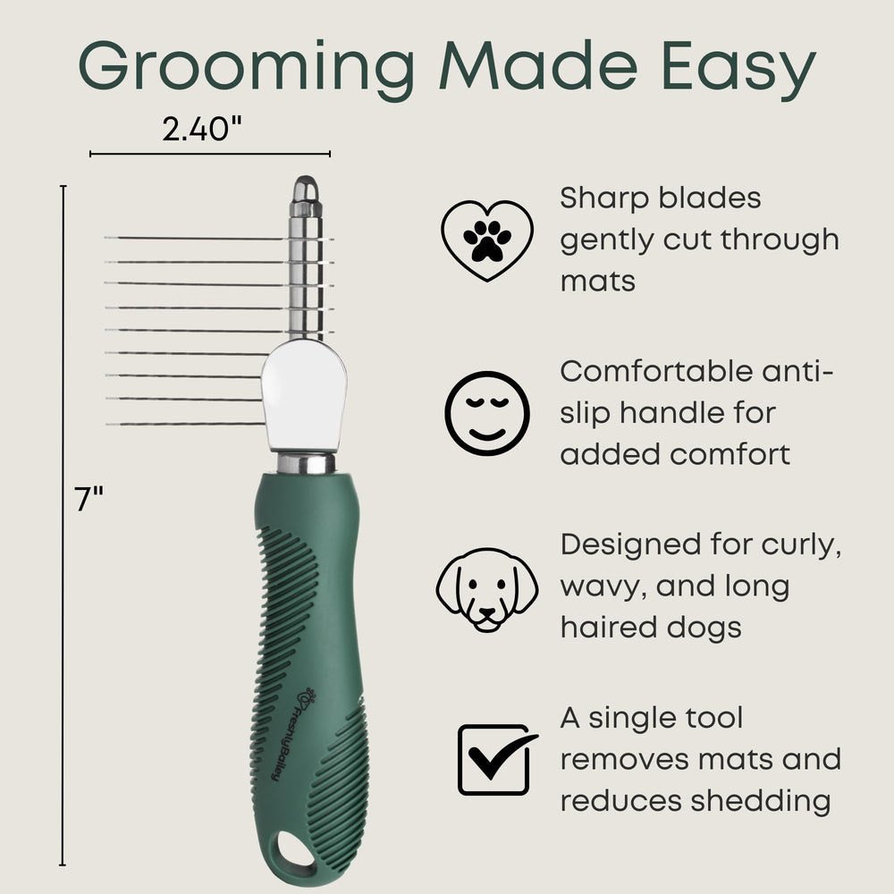 Freshly Bailey dematting tool used on a before-and-after mat reduction in a long coat.