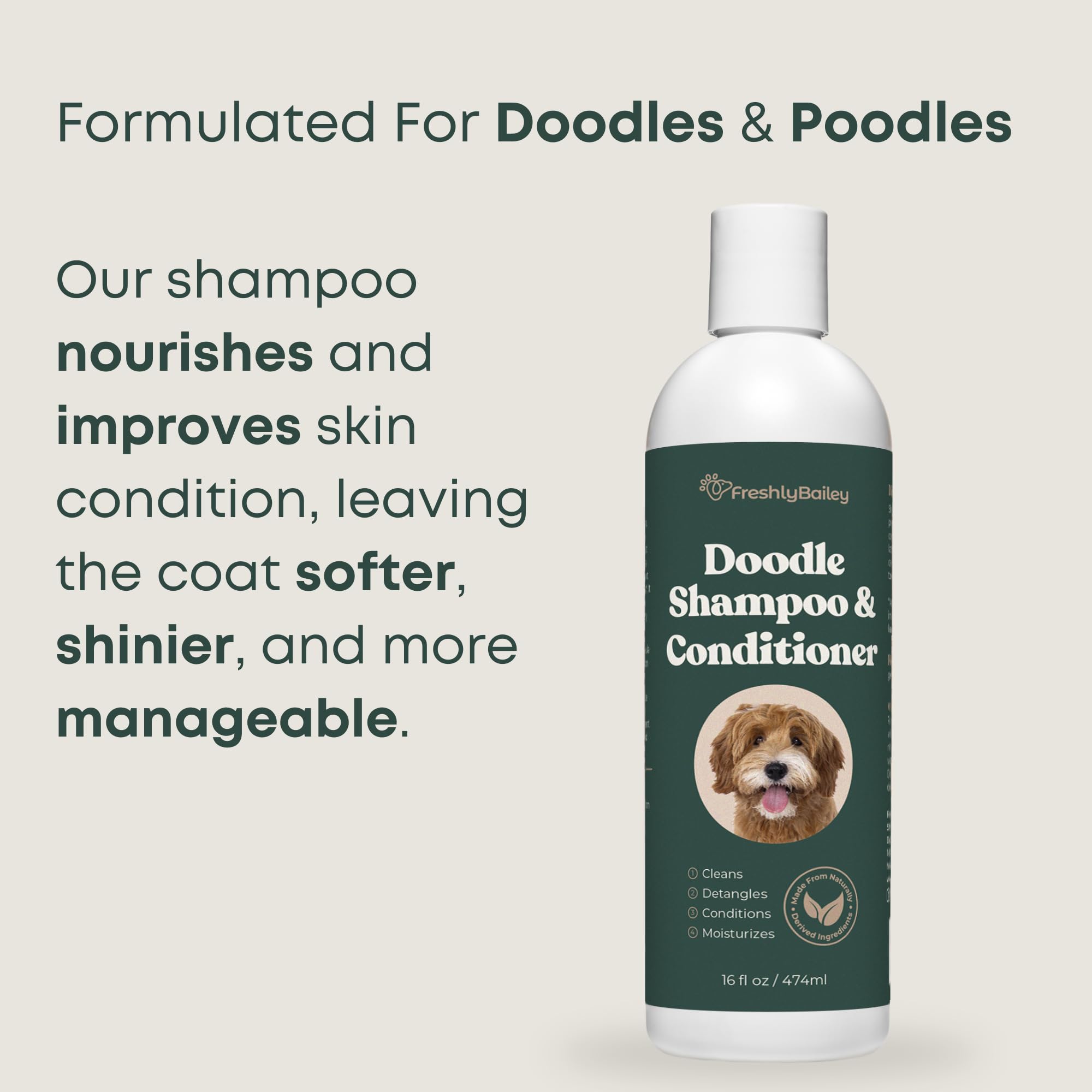 Freshly Bailey Doodle Shampoo and Conditioner in bath scene detangles curls.