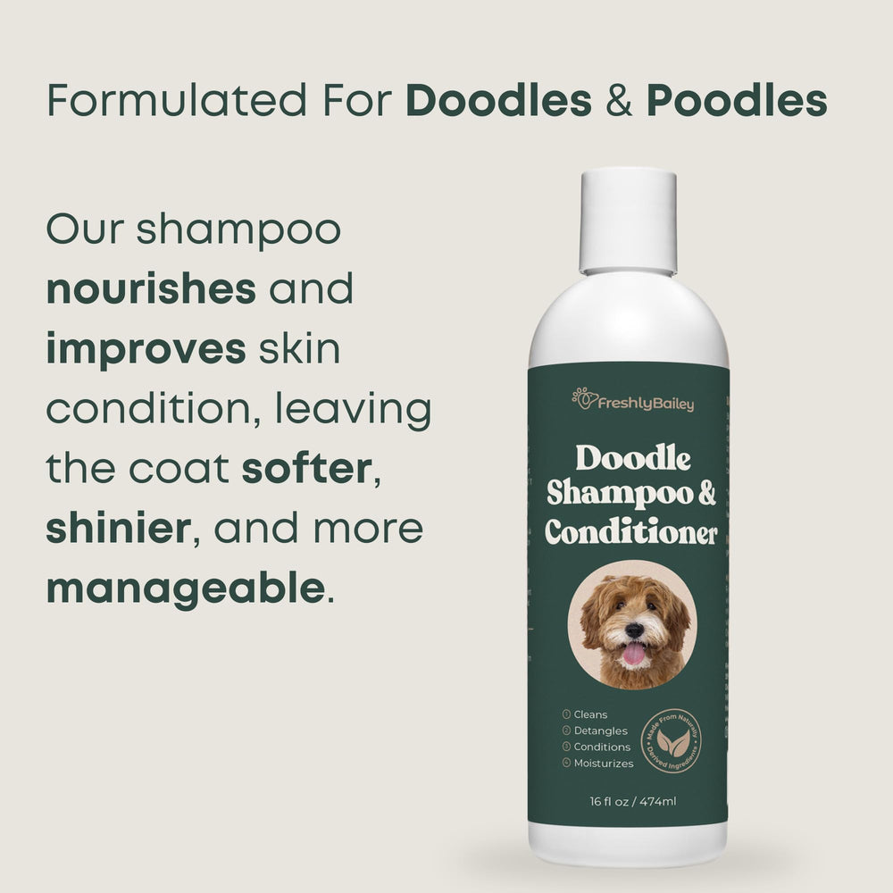 Freshly Bailey Doodle Shampoo and Conditioner in bath scene detangles curls.